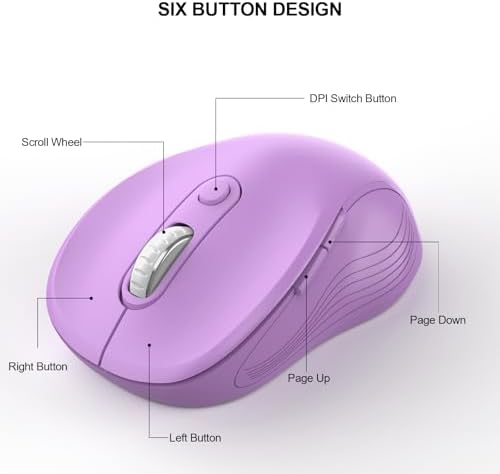 WisFox 2.4G Wireless Mouse for Laptop, Ergonomic Computer Mouse with USB Receiver and Type-C Adapter, 3 Adjustable Levels DPI, 6 Button Mice (Lilac)