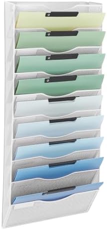 EASEPRES 10 Pocket Mesh Hanging Wall File Organizer, Wall Mounted Mail Paper Document Folder Holder, Clipboard Storage Organization Magazine Rack with Nametag Label for Office Home School, White