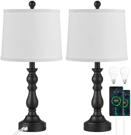 Black Table Lamps Set of 2, Black Lamps for Bedroom, USB C+A Ports