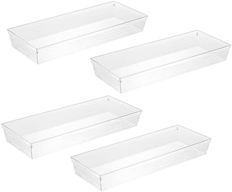 4 Pack Storage Bins For Bathroom Cosmetic Makeup Vanity Clear Plastic Desk Drawer Organizers Tray Kitchen Utensils Silverware Dividers 15"x6"x2"
