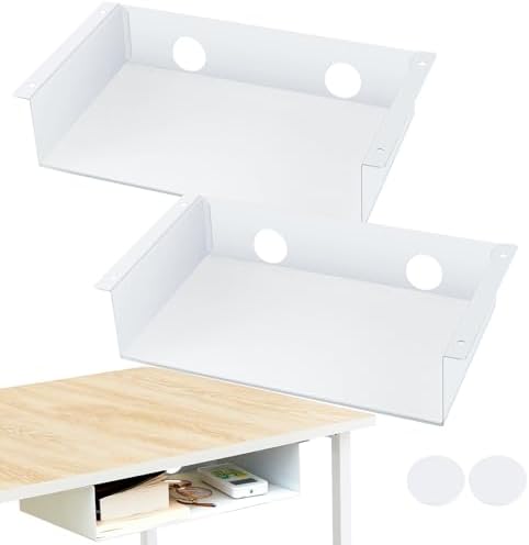 Yaocom 2 Pack 13 Inch Under Desk Hanging Shelf, Carbon Steel Storage Tray with Mute Felt Sheets, Mount Shelves Organizer for Office Home Workstation Gaming Stand Up(13x8x2.8 in/Storage Shelf, White)