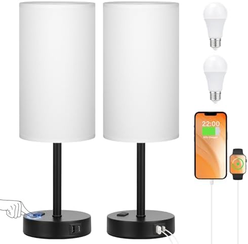 Touch Bedside Table Lamps Set of 2 - Bedroom Lamp with USB A+C, AC Outlet
