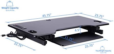 Rocelco 46" Height Adjustable Standing Desk Converter with AC USB Charger and Double Monitor Mount Arm - Sit Stand Up Triple Screen Riser Workstation - Keyboard Tray - Black (R DADRB-46-ACUSB-DM2)
