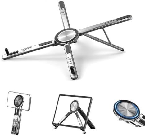 Portable Laptop Stand, Aluminum Foldable Adjustable Laptop Lifter with Magnetic Phone Stand, Compatible with 10-16 inch laptops, 4-13 inch Phones, and Tablets，(Grey)