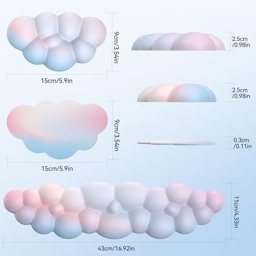 TECKNET Cloud Keyboard Wrist Rest Set, Cloud Wrist Rest with Non-Slip Base, PU Leather Wrist Pad for Keyboard with Ergonomic Memory Foam for Computer Laptop Office Gaming and Pain Relief, Rainbow