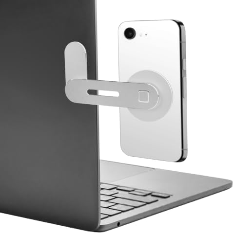 Foldable Magnetic Laptop Side Phone Mount, Adjustable Mag‑Safe Compatible Expansion Bracket for iPhone 12‑17 and Smartphones, Slim Portable Dual‑Screen Office Holder, Silver