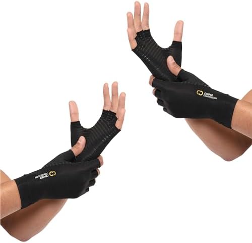 Copper Compression Arthritis Gloves | Fingerless Arthritis Carpal Tunnel Pain Relief Gloves For Men & Women | Hand Support Wrist Brace For Rheumatoid, Tendonitis, Swelling, Crocheting 2 Pairs Black L