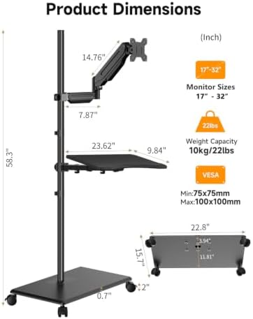 suptek Mobile Desk Workstation with Monitor Mount for up to 32" Screen, Rolling Computer Cart on Wheels,Full Keyboard Tray, CPU Holder
