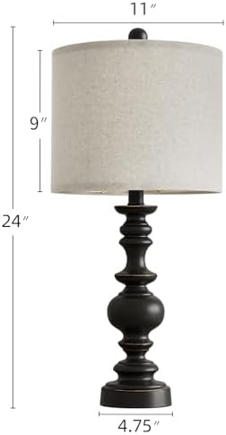 BOBOMOMO 24" Traditional Farmhouse Table Lamp Set of 2, Vintage Resin Lamps for Living Room Bedroom, Rustic Nightstand Lamp with Linen Shades, Retro Black Table Lamps for Living Room, Bedroom, Office