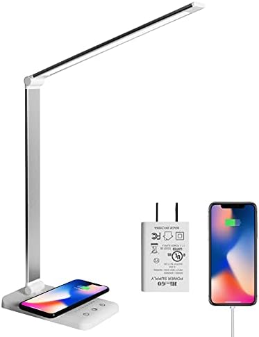 LED Desk Lamp with Wireless Charger,Eye-Caring Table Lamps,Stepless Dimmable Office Lamp with USB Charging Port,Touch/Memory/Timer Function,25 Brightness Lighting,Foldable Lamp
