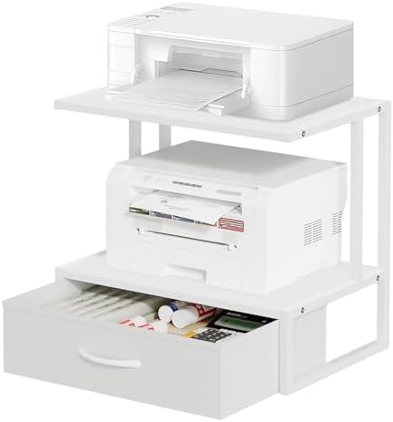 Printer Stand with Storage for Desk, with Fabric Drawer Desktop Printer Stand Shelf Organzier for Home Office, for Above and Under Desk Printer Table, Fax Machine Copier Scanner, White
