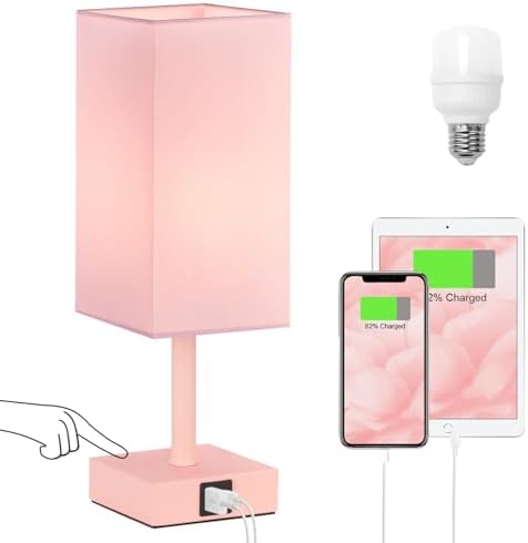 Touch Table Lamp for Bedroom - Dimmable, USB C+A, Pink Lamphade Pink Base