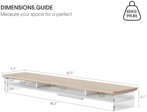 Fenge 42.5" Dual Monitor Stand with Clear Acrylic Legs, Oak