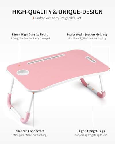 FISYOD Foldable Laptop Table, Portable Lap Desk Bed Table Tray, Laptop Stand with Cup Holder & Tablet Slot & Lifting Handle for Working Writing Drawing & Eating (Light Pink)