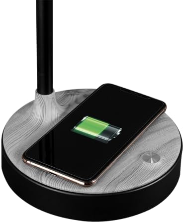 OttLite LED Table Lamp with Wireless Charging and USB, Black and Grey