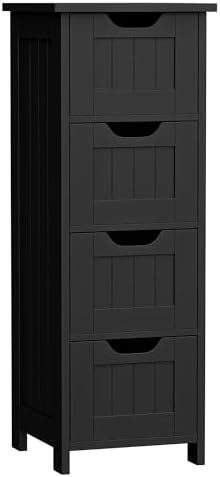 Bathroom Floor Storage Cabinet, Freestanding Wooden Side Organizer w/4 Drawers & Anti-Tip Kit for Bathroom Living Room Hallway Office Study, Black