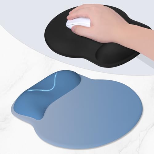 ITNRSIIET Ergonomic Mouse Pad with Wider Memory Foam Wrist Rest +17%, Curved Cushion Reduces Pressure 20%, Pain Relief, Non-Slip, Smooth, Cute Color Desk Accessory, 9.85 x 9 inch, Blue