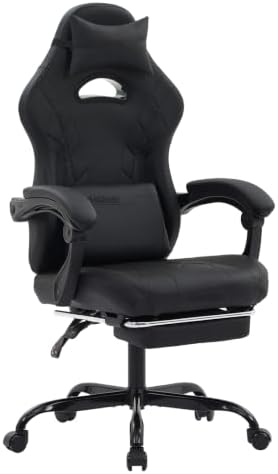 Gaming Chair with Footrest and Massage Lumbar Support, Ergonomic Computer Gamer Chair, Office Video Game Chairs with Adjustable Height and Backrest (Black)