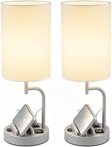 Dreamholder 2 Pack Table Lamp, Bedside Lamp with 3 USB Charging Ports & AC Outlet, USB Desk Lamp with 2 Phone Holders, Linen Fabric Shade Nightstand Lamps for Bedroom Living Room Office, Gray