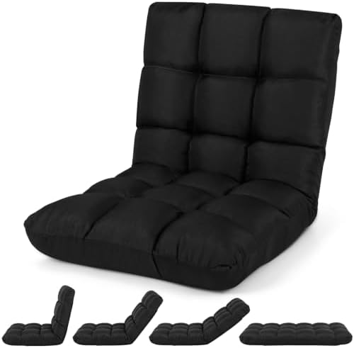 Giantex Adjustable Floor Gaming Sofa Chair 14-Position Cushioned Folding Lazy Recliner High Resilience Sponge, Breathable Cotton & Linen Fabric Sleeper Bed Couch Recliner (Black)