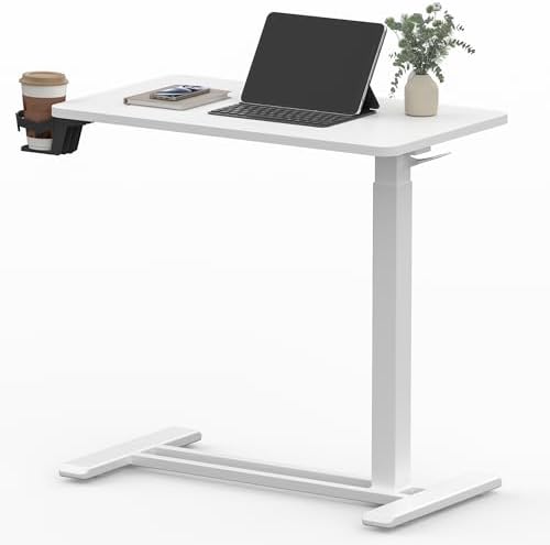 SANODESK 28''Pneumatic Adjustable Overbed Bedside Table with Hidden Casters