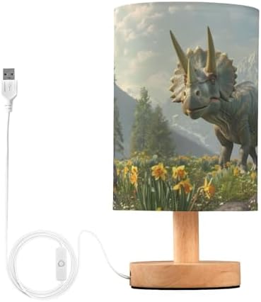 Bedside Lamp Dinosaur Mountain Table Lamp for Bedroom LED Nightstand Lamp Shade USB Ports Wood Base for Living Room Dorm Office