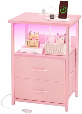 Fixwal Night Stand with Charging Station, Led Nightstand, Pink, 2 Drawers