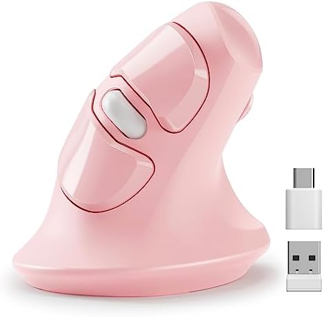 MicroPack Ergonomic Vertical Wireless Mouse, Silent Cordless Office Mouse with USB-A & Type-C Receiver, 800/1200/1600 DPI, 6 Buttons, Reduces Wrist Strain for Work, Windows, Mac, PC & Laptop Pink