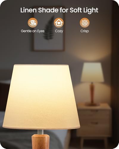 12" Wood Bedside Table Lamps Set of 2, Small Desk Lamps for Small Places, 3 Color Temperatures with Memory, White Linen Shade & E26 Bulbs, for Bedroom Living Room Office LW13TLP205