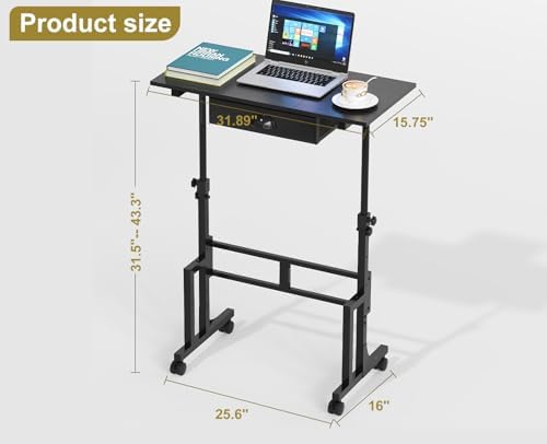 Adjustable Height Standing Desk With Drawer, Rolling Sit Stand Up Desk With Wheels, Small Sit To Stand Computer Desk, Adjustable Desktop Height, On Wheels, Black, For Walking Pad Laptop Treadmill