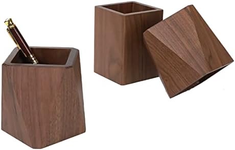 Black Walnut Wooden Pencil Box, Multiple-Use Desk Writing Stationary Organizer Wood Pen Holder Cups Office School Supplies Storage (Square Shape)