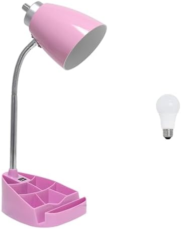 Simple Designs LD1056-PNK-LB 18.5" Gooseneck Organizer Desk Lamp with iPad Tablet Stand Book Holder and USB Port, with LED Bulb, Pink