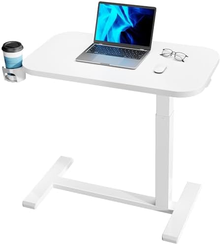 HUANUO 32Inch Bedside Table with Wheels, Height-Adjustable Rolling Computer Cart, Overbed Table with Cup Holder, Pneumatic Laptop Standing Desk for Home Office, White