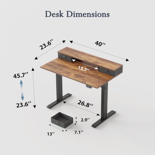 Klicelor 40 x 24 Inch Electric Standing Desk with Drawers, Adjustable Height Small Sit Stand Desk for Home Office, Compact Computer Workstation with Storage– Rustic Brown
