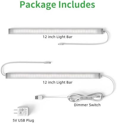 Plug-in Under Cabinet Lighting, Dimmable Under Counter Lights for Kitchen, 2pcs 12 Inch, Natural White 4500K Linkable Wired Closet Light, Indoor USB Led Lights Bar for Desk,Sink,Workbench
