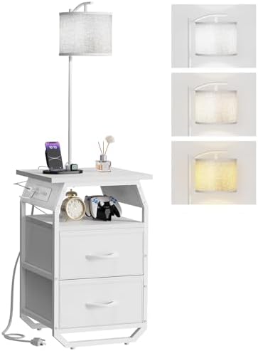 runjuly Floor Lamp with Table, End Table with Light and Charging, White