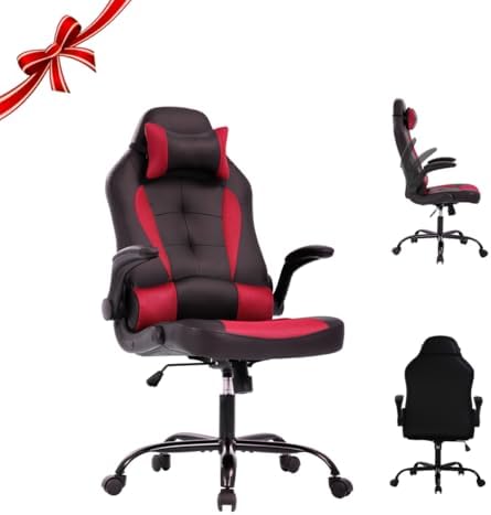 Video Gaming Chair,Ergonomic Computer Office Desk Chair with Lumbar Support Flip Up Arms Adjustable Height Swivel PU Leather Executive with Wheels for Kids Adults Women Men Gaming Home Office(Red)
