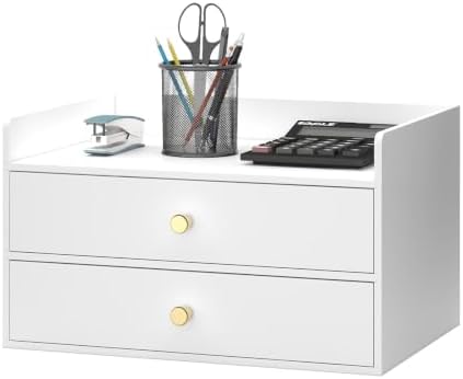 Bamboo Desk Organizer with Drawers,Wooden Desktop Storage(2 Drawers,White)