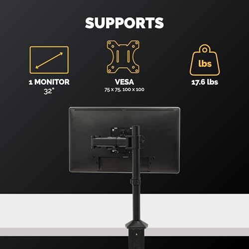 Fellowes Reflex Series Adjustable Monitor Arm for Desk, Supports 32 Inch Monitors, Ergonomic Single Monitor Stand with VESA Mount, Easy Setup with Grommet or Clamp, 8502501 Black