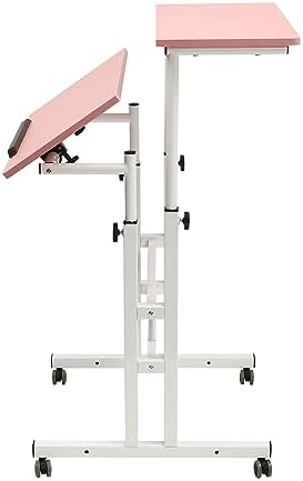 Small Standing Desk, Mobile Rolling Computer Desk, Portable Stand Up Desk with Wheels, Adjustable Height Sit Stand Home Office Desk, 23.6" L x 21.6" W (Pink)