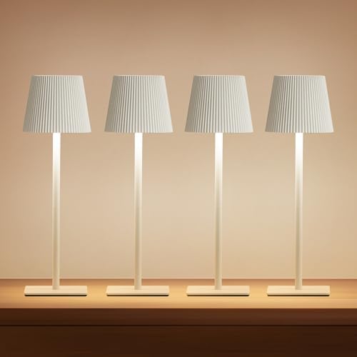 LUTEC 4 Pack Cordless Table Lamp,6000mAh Rechargeable Battery Operated Desk Lamp,Two Adjustable Heights,Waterproof, Touch Control & 3 Color Stepless Dimming for Restaurant/Bedroom/Bars/Outdoor (White)