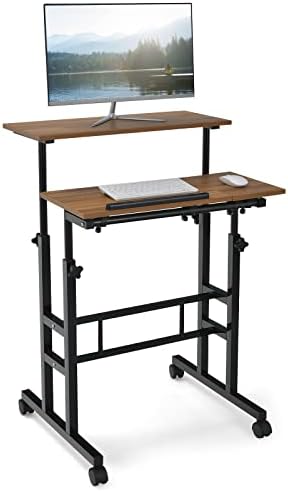 GIANTEX Mobile Standing Desk, Height Adjustable Stand Up Desk with Wheels & Tilting Tabletop, Rolling Laptop Cart Computer Workstation for Standing or Sitting, Home Office Sit Stand Desk, Walnut