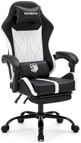 Mid Back Gaming Chair with Footrest, 90°-135° Reclining Computer Chair with Headrest and Lumbar Pillow, Linked Armrests, Height Adjustable 360° Swivel Rolling Office Chair (Black-N)