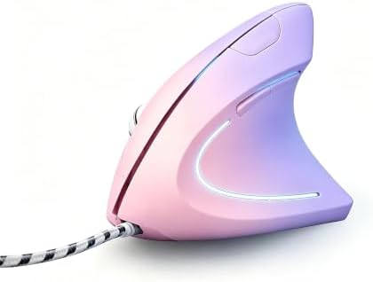 HXMJ Ergonomic Vertical Mouse Wired,USB Corded Optical Mice,7200DPI,Backilt,Right Handed Carpal Tunnel Mouse for Laptop,PC,Computer,Mac-Pink Purple