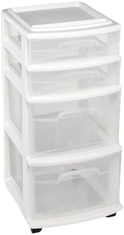 HOMZ Drawer Tower, 4-Tier Storage Cart with Removable Wheels, White Frame