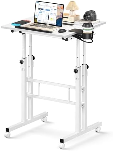 Enayplon Small Standing Desk with Wheels, Mobile Stand Up Desk, Portable Standing Table on Wheels for Walking Pad, Rolling Computer Desk Adjustable Height, Tall Table