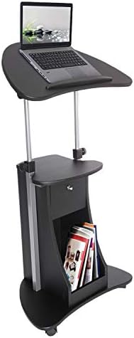 Techni Mobili Adjustable Height Rolling Laptop Cart with Storage, Black