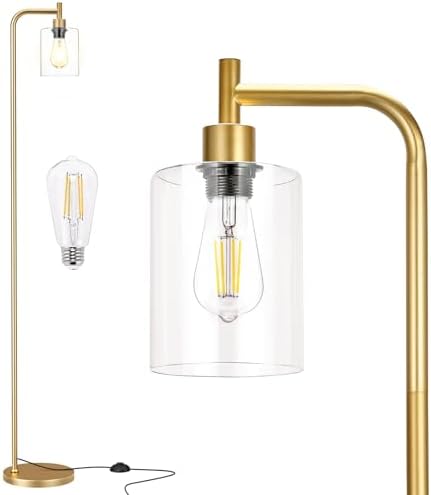 Ziisee Floor Lamps for Living Room - Industrial Standing Lamp with Glass Shade, Modern Gold Floor Lamp with LED Bulbs, Farmhouse Floor Lamp for Bedroom, Tall Lamp for Office - Gold