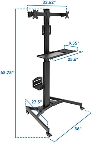 Mount-It! Dual Monitor Computer Cart – Mobile Standing Desk with Wheels, Rolling Workstation with Keyboard Tray, CPU Holder, and Adjustable Screen Mount for Office, Medical, or Warehouse