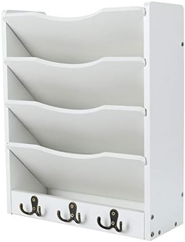 PAG-Mass 5-Tier Wall File Holder Hanging Mail Organizer Wood Magazine Literature Rack with 6 Hooks, White